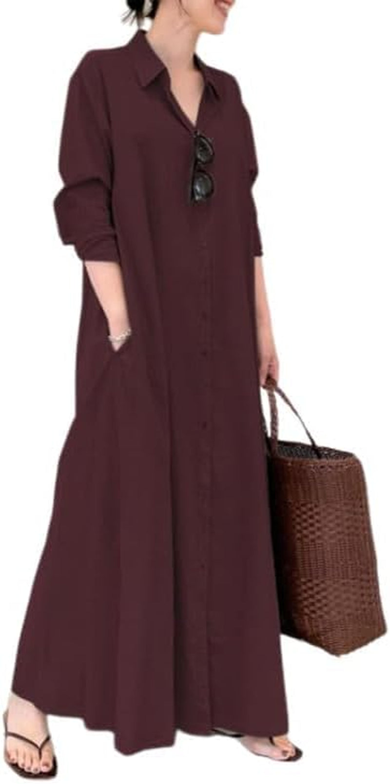 Womens Button down Cotton Linen Dress Long Sleeve Shirt Dress with Pockets