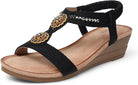 Womens Wedge Sandals Flower Low Heel Dressy Sandals Elastic Ankle Strap Rhinestone Summer Comfortable Shoe