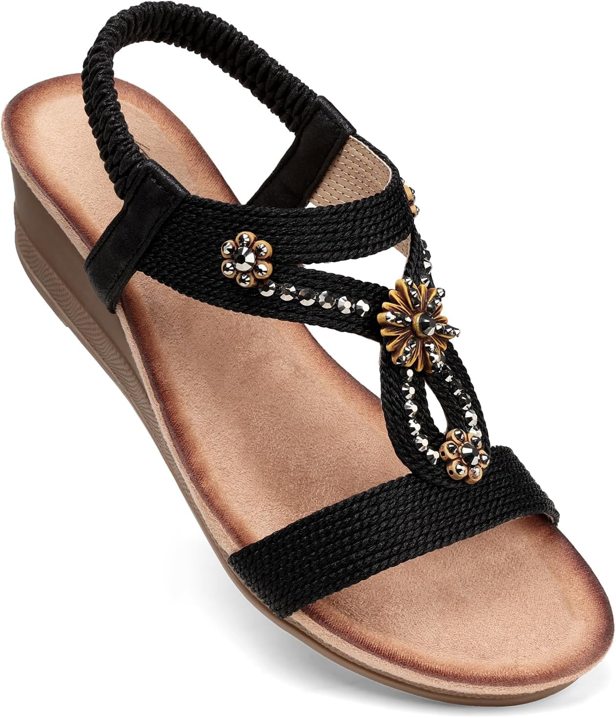 Womens Wedge Sandals Flower Low Heel Dressy Sandals Elastic Ankle Strap Rhinestone Summer Comfortable Shoe