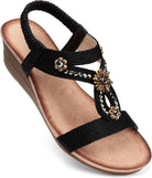 Womens Wedge Sandals Flower Low Heel Dressy Sandals Elastic Ankle Strap Rhinestone Summer Comfortable Shoe