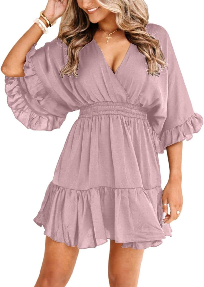 Womens V Neck Casual Dresses Summer Loose High Waist Ruffle Pleated Cute Mini Short Dress