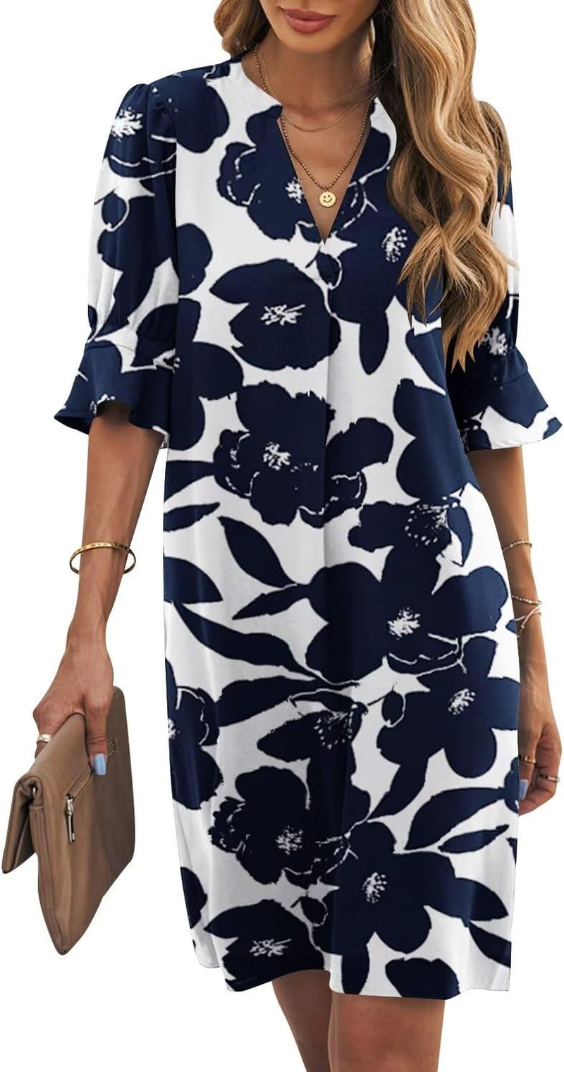Shift Dress for Women V Neck Short Sleeves Solid Color Casual Flowy Summer Dresses(S-2Xl)
