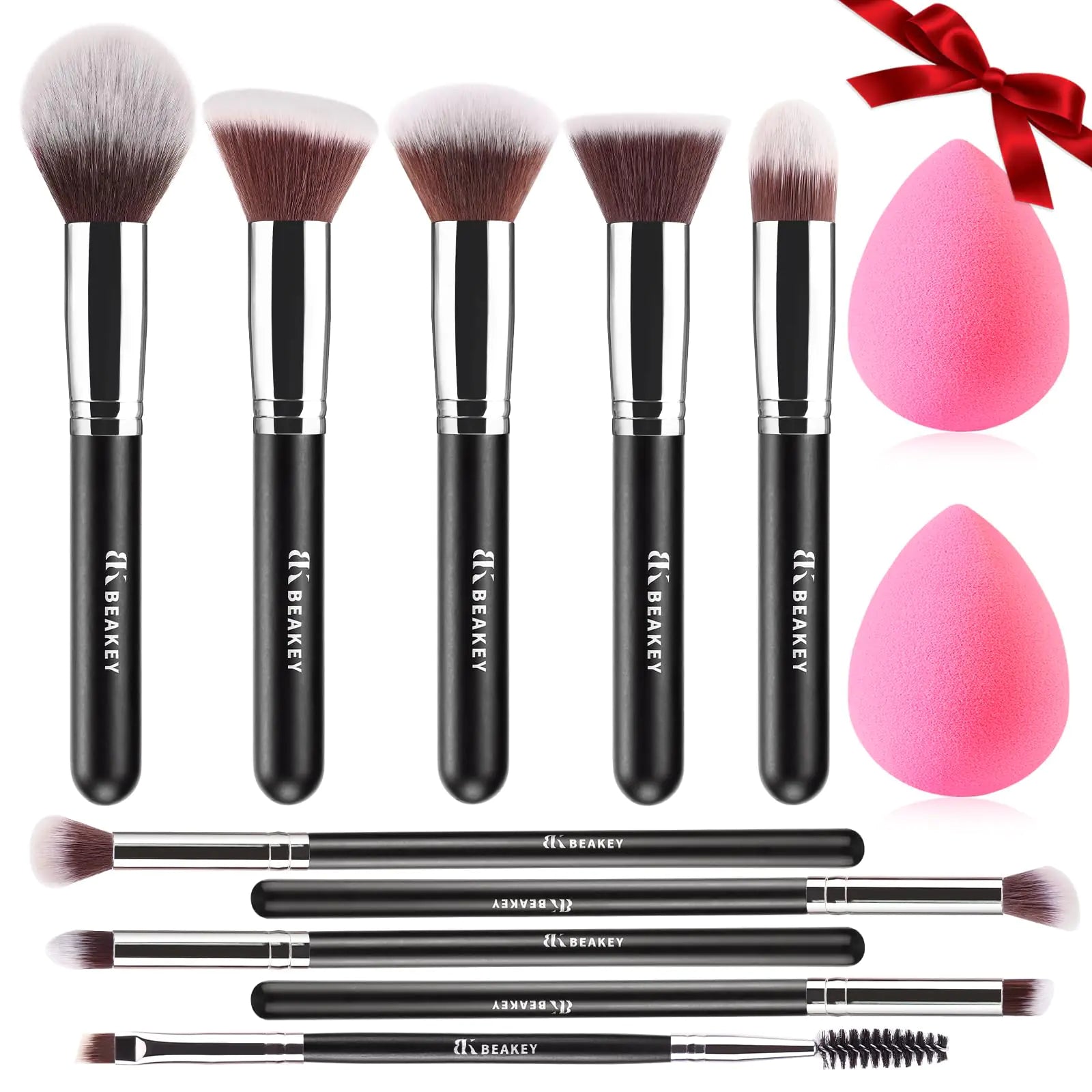 BEAKEY Makeup Brushes Set Professional Foundation Eyeshadow Concealer Blush Powder Bronzer Applicator 2 Blender Sponge wit Beauty Paper Case Valentines Day Gifts for Her