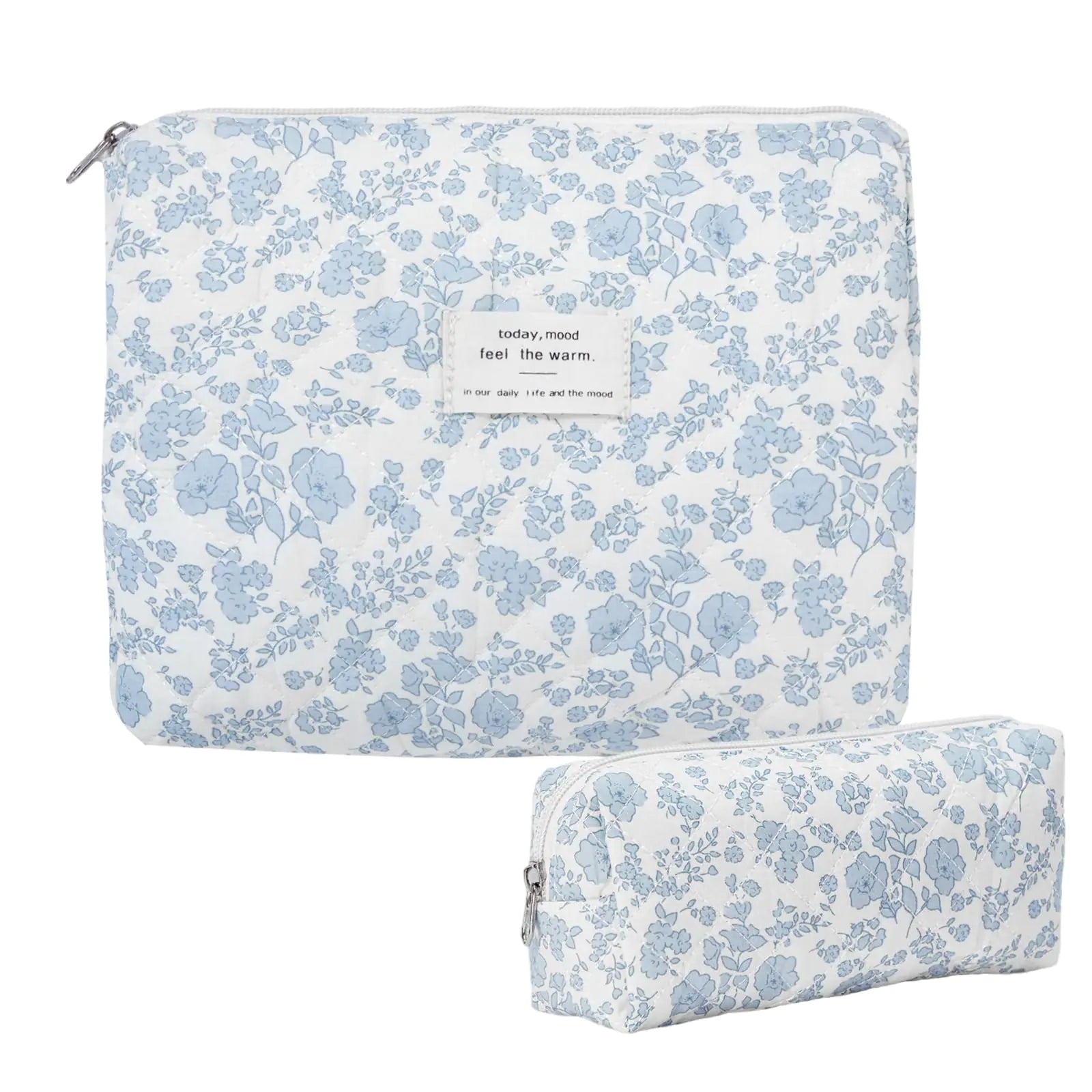 Burskit Makeup Bag Quilted Makeup Bag Cotton Large Travel Makeup Bag Floral Cosmetic Bag Travel Quilted Makeup Bag for Women Flower Travel Toiletry Bag (Blue Flower New)