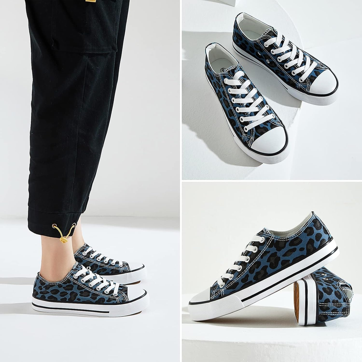 White Sneakers for Women Low Top Canvas Shoes Womens Canvas Sneakers Women'S Fashion Sneakers Slip on Casual Tennis Shoes（Blue Leopard.Us10）