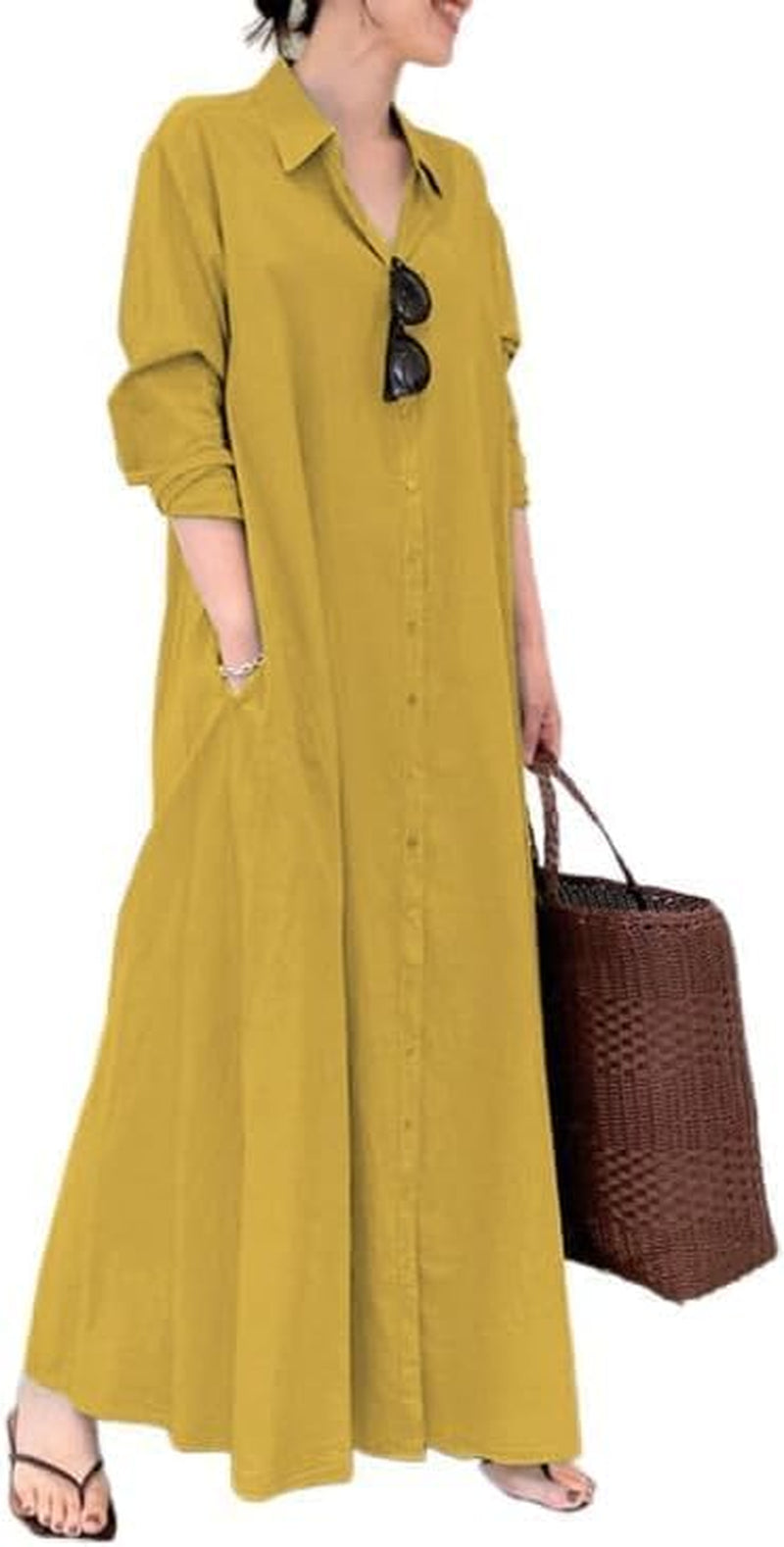 Womens Button down Cotton Linen Dress Long Sleeve Shirt Dress with Pockets