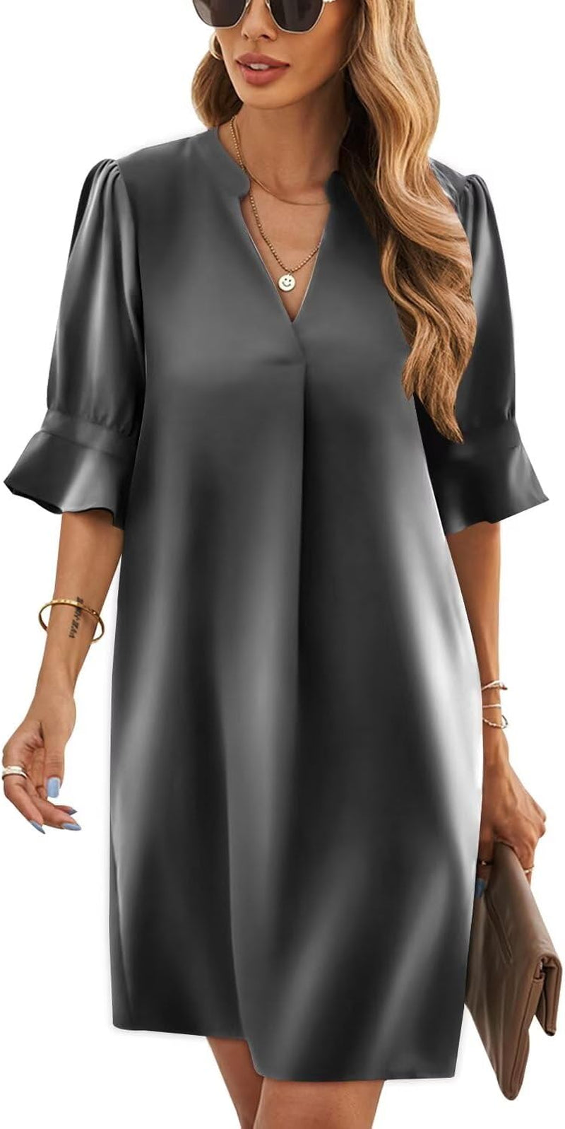 Shift Dress for Women V Neck Short Sleeves Solid Color Casual Flowy Summer Dresses(S-2Xl)