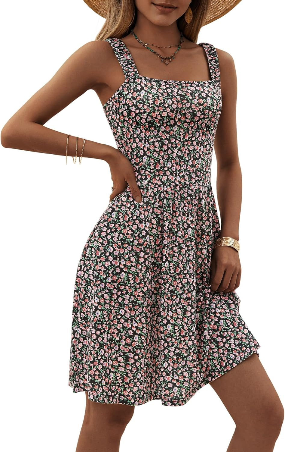 Women'S Summer Casual Square Neck Dress with Pocket Cute Sleeveless High Waist A-Line Sundress Midi Dresses