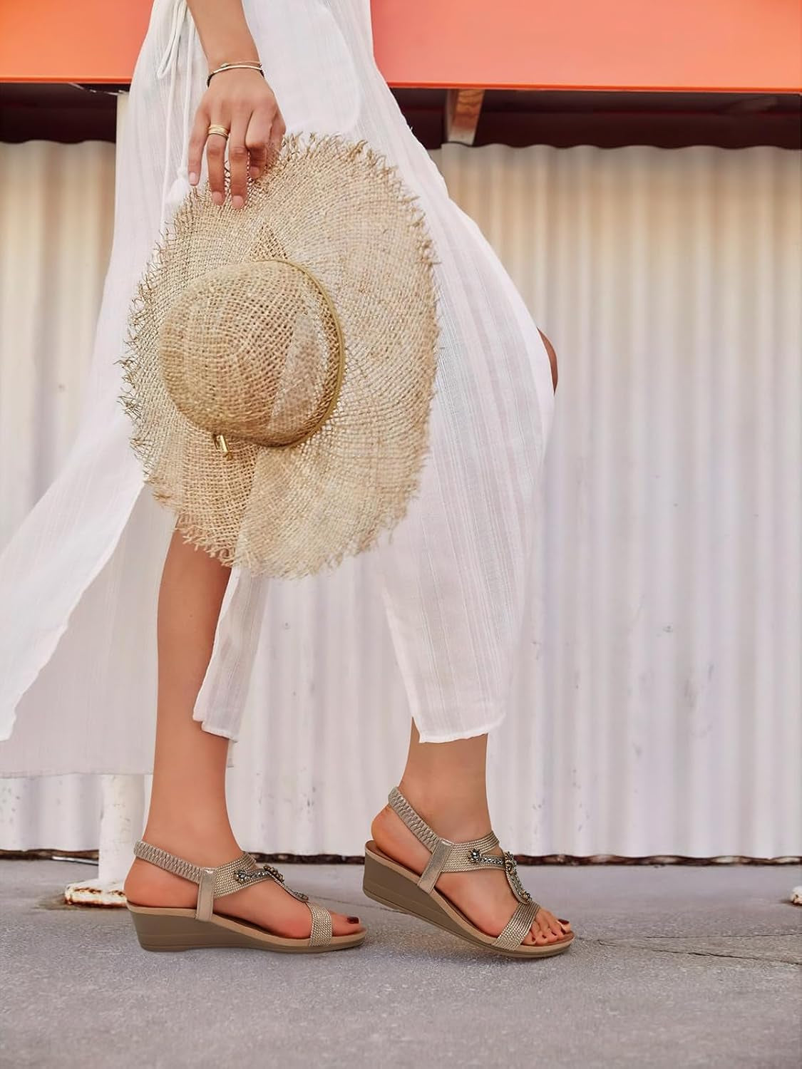 Womens Wedge Sandals Flower Low Heel Dressy Sandals Elastic Ankle Strap Rhinestone Summer Comfortable Shoe