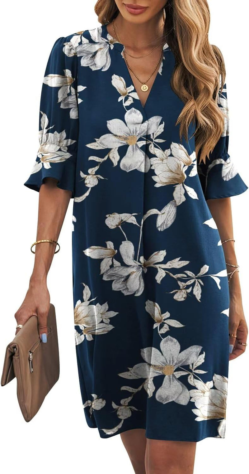 Shift Dress for Women V Neck Short Sleeves Solid Color Casual Flowy Summer Dresses(S-2Xl)