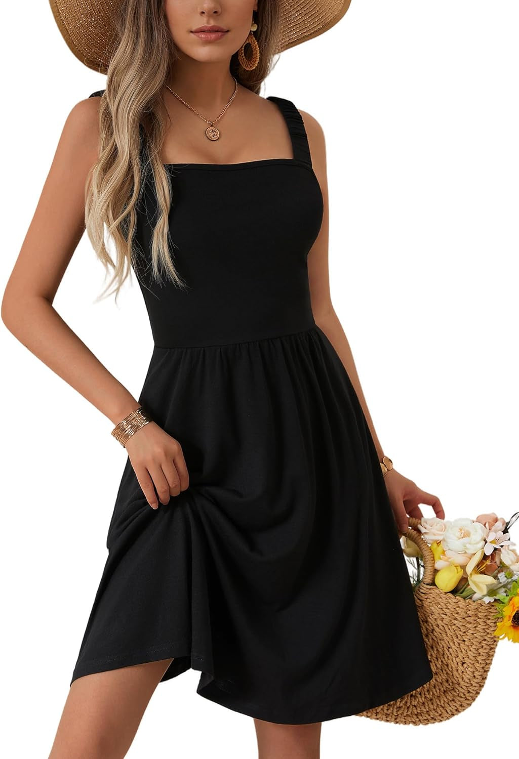Women'S Summer Casual Square Neck Dress with Pocket Cute Sleeveless High Waist A-Line Sundress Midi Dresses