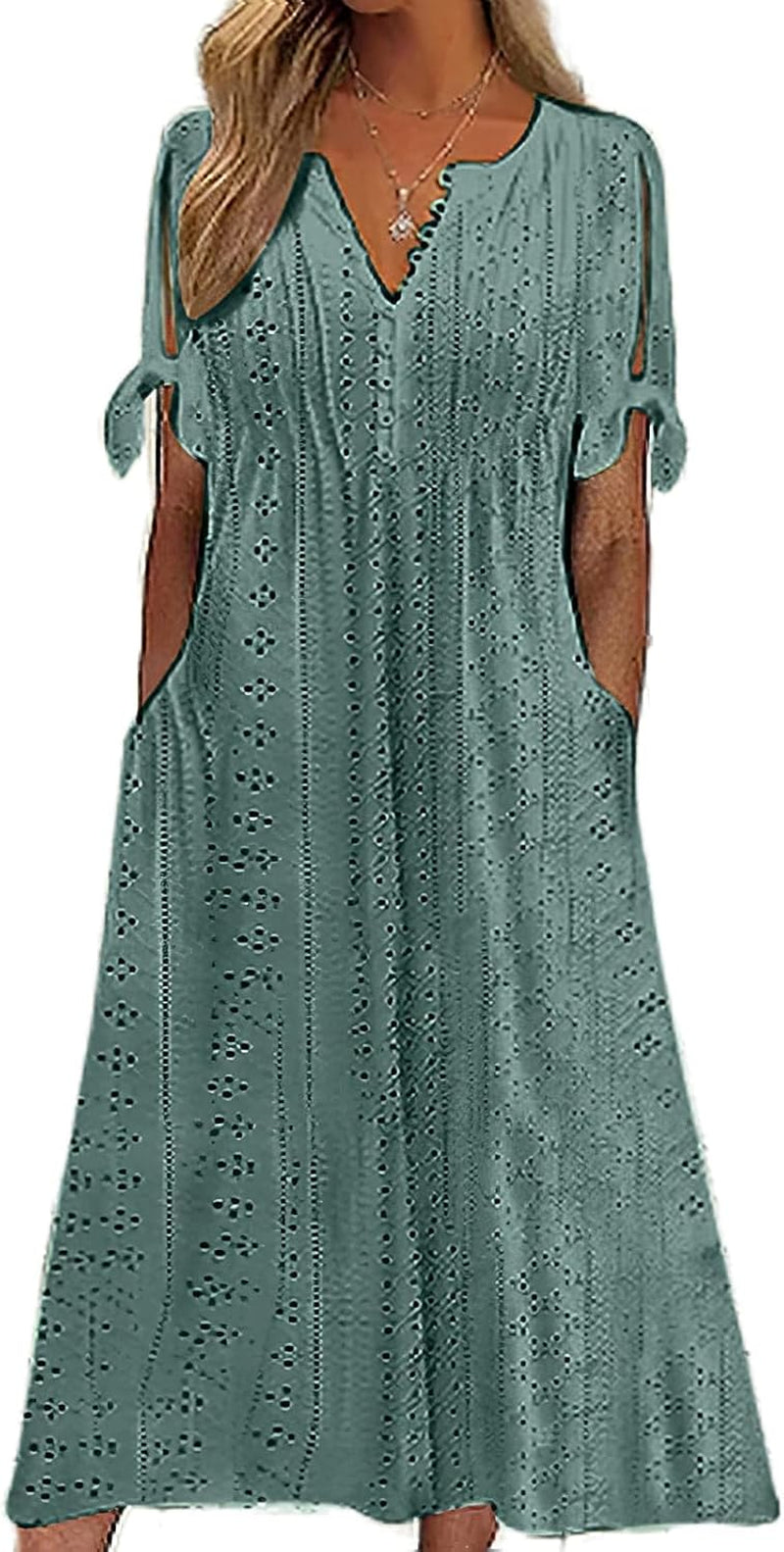 Womens Boho Eyelet Pastel Dress Button V Neck Tie Knot Short Sleeve Vacation Beach Midi Dresses with Pockets