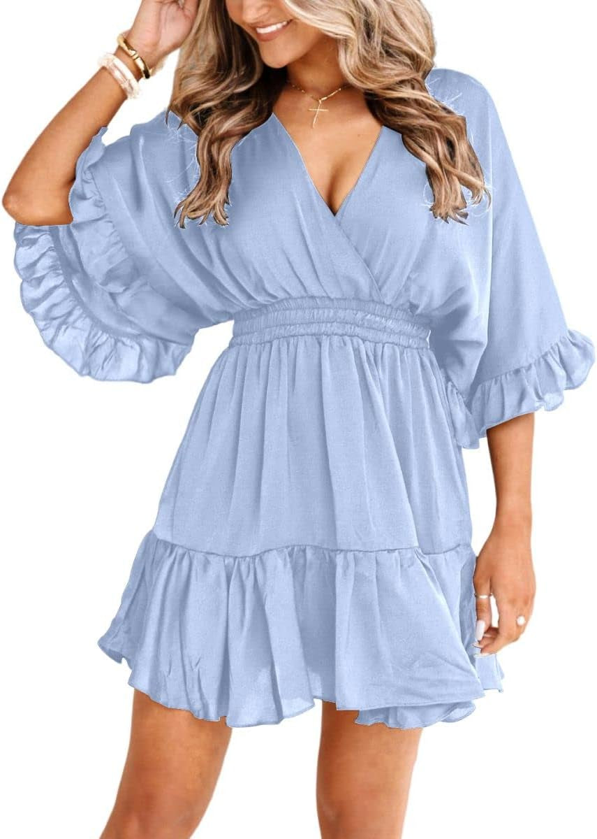 Womens V Neck Casual Dresses Summer Loose High Waist Ruffle Pleated Cute Mini Short Dress