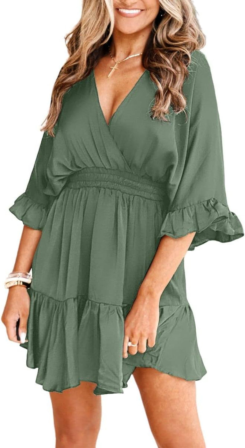Womens V Neck Casual Dresses Summer Loose High Waist Ruffle Pleated Cute Mini Short Dress