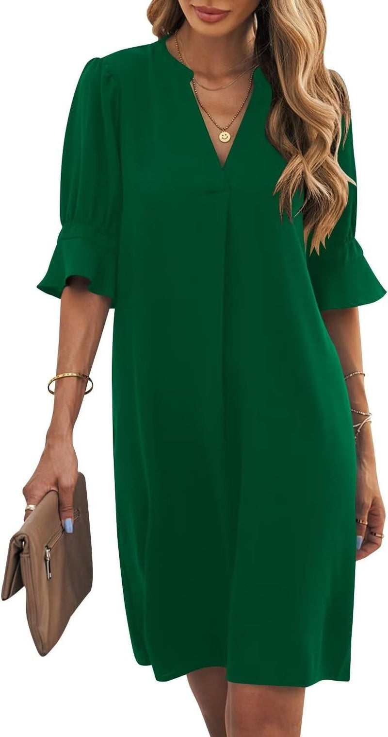 Shift Dress for Women V Neck Short Sleeves Solid Color Casual Flowy Summer Dresses(S-2Xl)