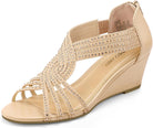 Women'S Diana Low Wedge Sandals Sparkly Rhinestone Open Toe Fashion Dress Shoes for Woman Lady in Bridal Dance Evening