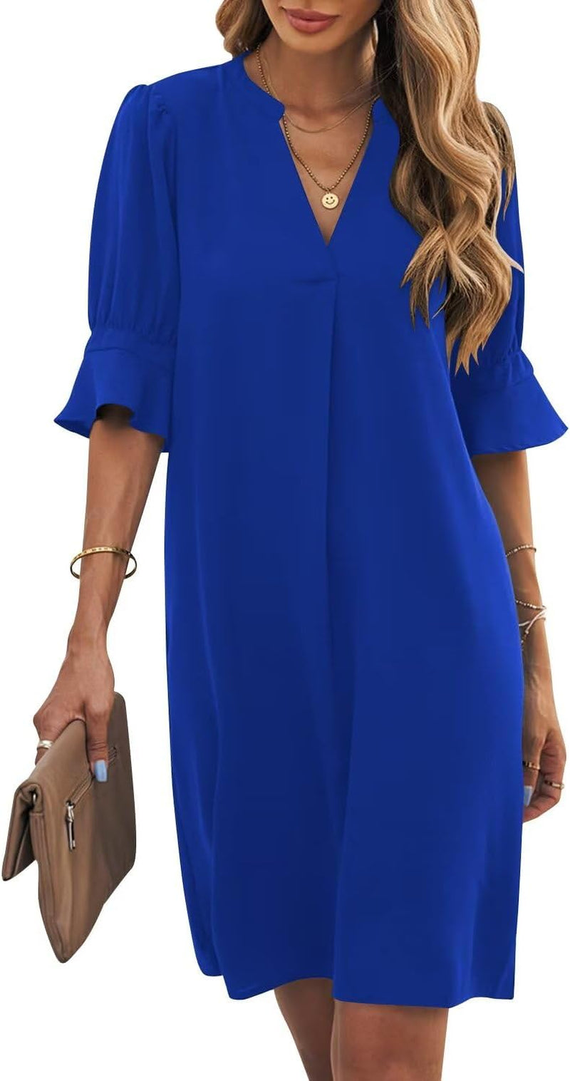 Shift Dress for Women V Neck Short Sleeves Solid Color Casual Flowy Summer Dresses(S-2Xl)