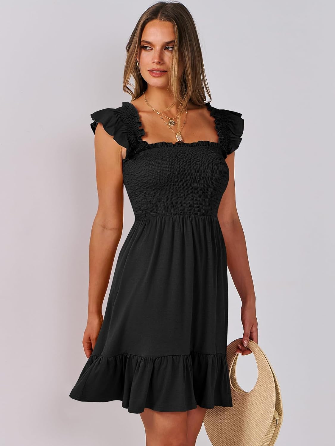 Women'S Summer Casual Sleeveless Square Neck Dress 2025 Smocked Ruffle Backless Boho Beach Cute Teen Short Sundress