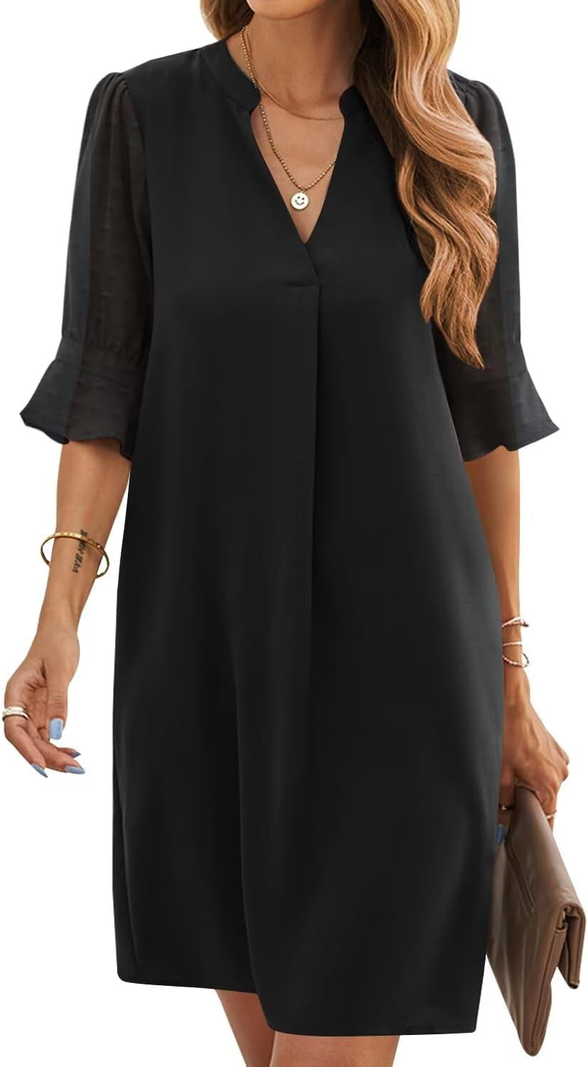 Shift Dress for Women V Neck Short Sleeves Solid Color Casual Flowy Summer Dresses(S-2Xl)