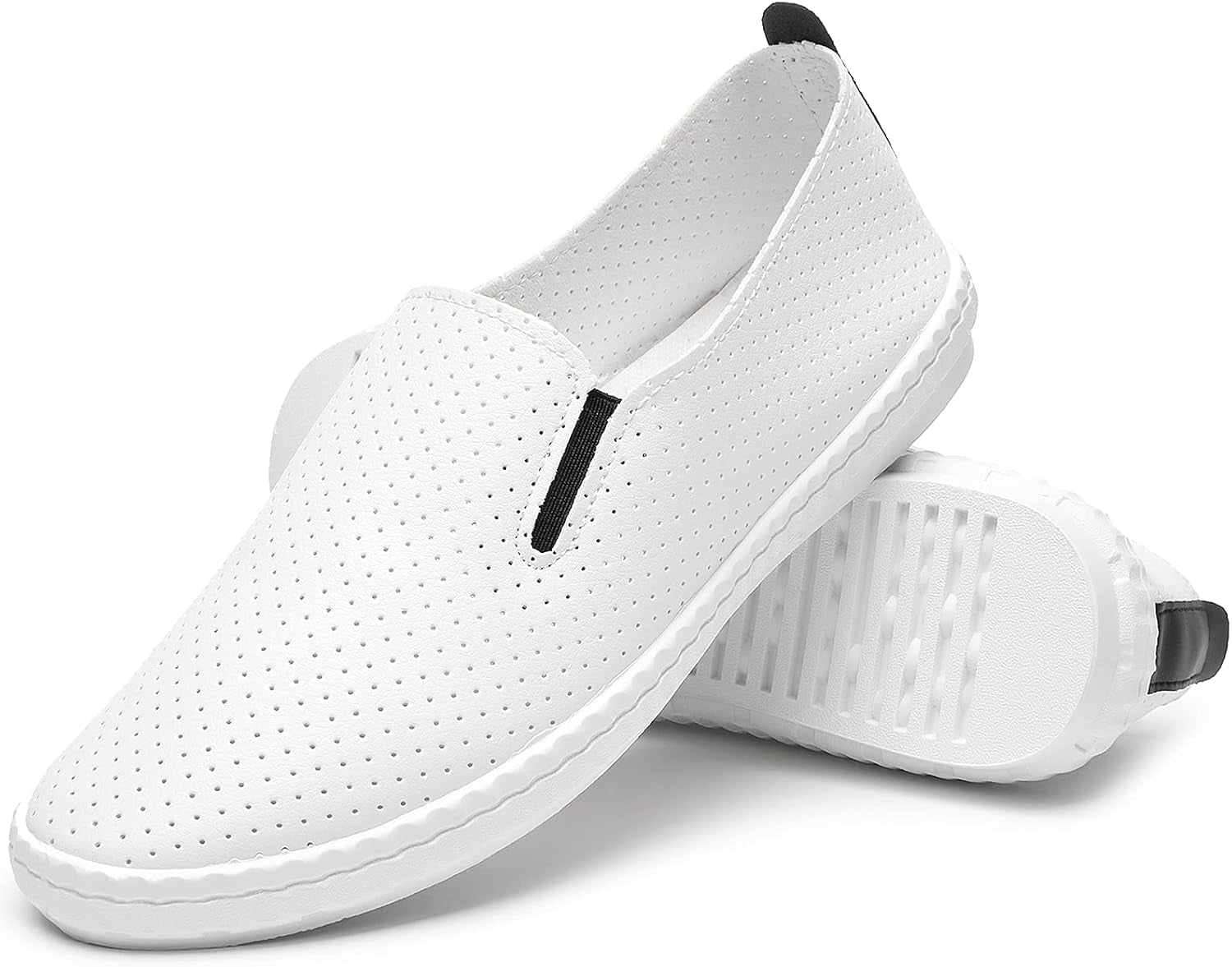 Womens White Slip on Sneakers Low Top Leather Casual Shoes Loafers for Women(White/Black,Us8)