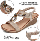 Womens Wedge Sandals Flower Low Heel Dressy Sandals Elastic Ankle Strap Rhinestone Summer Comfortable Shoe