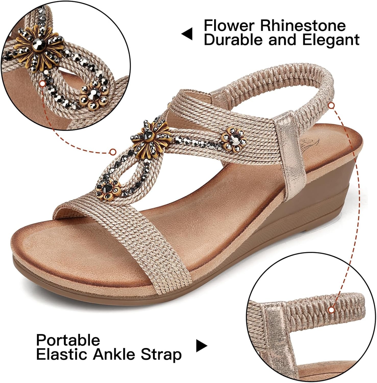 Womens Wedge Sandals Flower Low Heel Dressy Sandals Elastic Ankle Strap Rhinestone Summer Comfortable Shoe