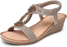 Womens Wedge Sandals Flower Low Heel Dressy Sandals Elastic Ankle Strap Rhinestone Summer Comfortable Shoe