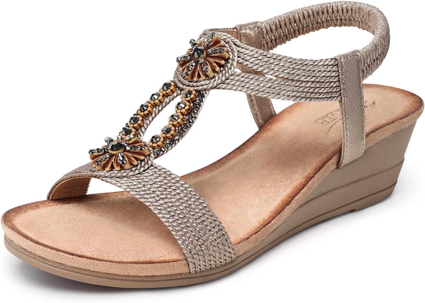 Womens Wedge Sandals Flower Low Heel Dressy Sandals Elastic Ankle Strap Rhinestone Summer Comfortable Shoe
