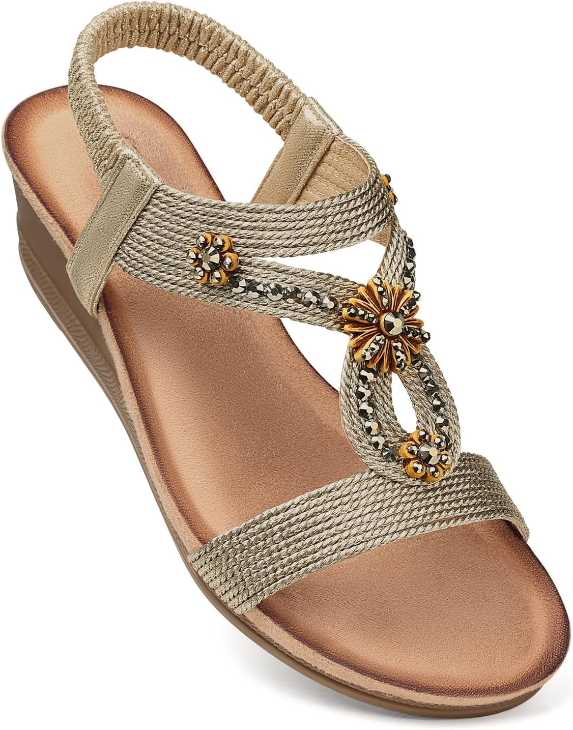 Womens Wedge Sandals Flower Low Heel Dressy Sandals Elastic Ankle Strap Rhinestone Summer Comfortable Shoe