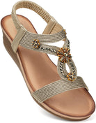 Womens Wedge Sandals Flower Low Heel Dressy Sandals Elastic Ankle Strap Rhinestone Summer Comfortable Shoe
