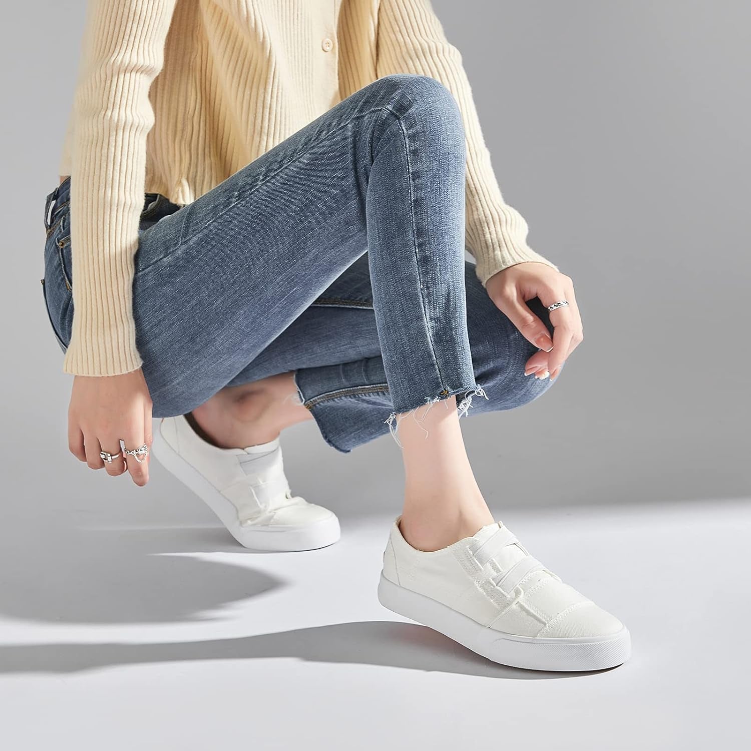 Womens Slip on Shoes Patchwork Canvas Fashion Sneakers Casual Tennis Shoes Walking Flat Shoes(White,Us11)