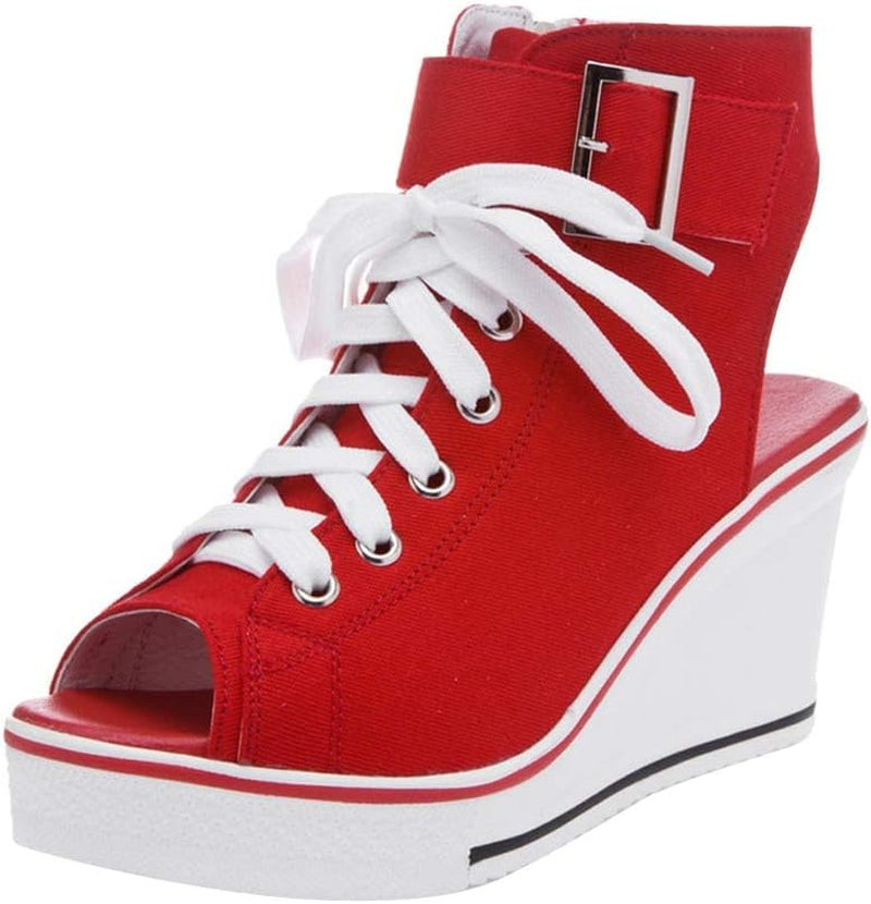 Women'S Peep Toe Canvas Wedge Heeled Platform Fashion Sneaker