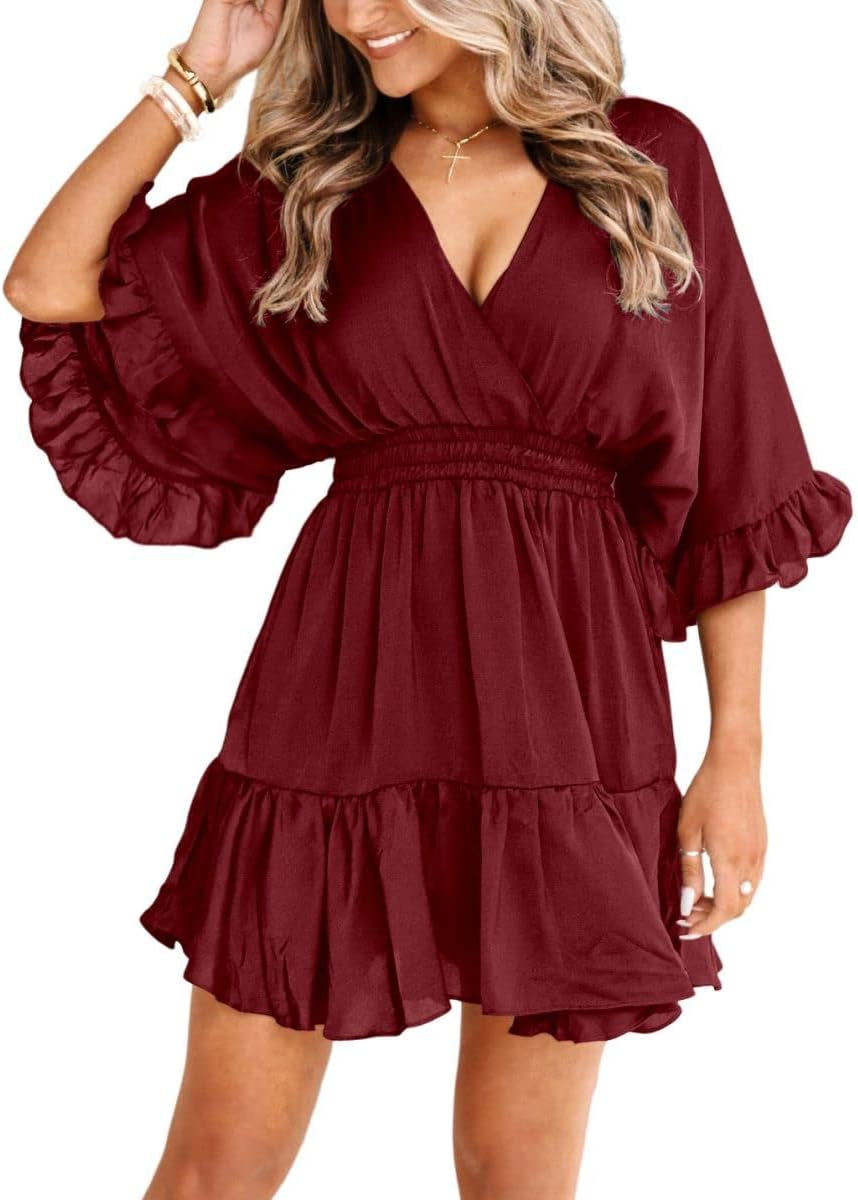 Womens V Neck Casual Dresses Summer Loose High Waist Ruffle Pleated Cute Mini Short Dress