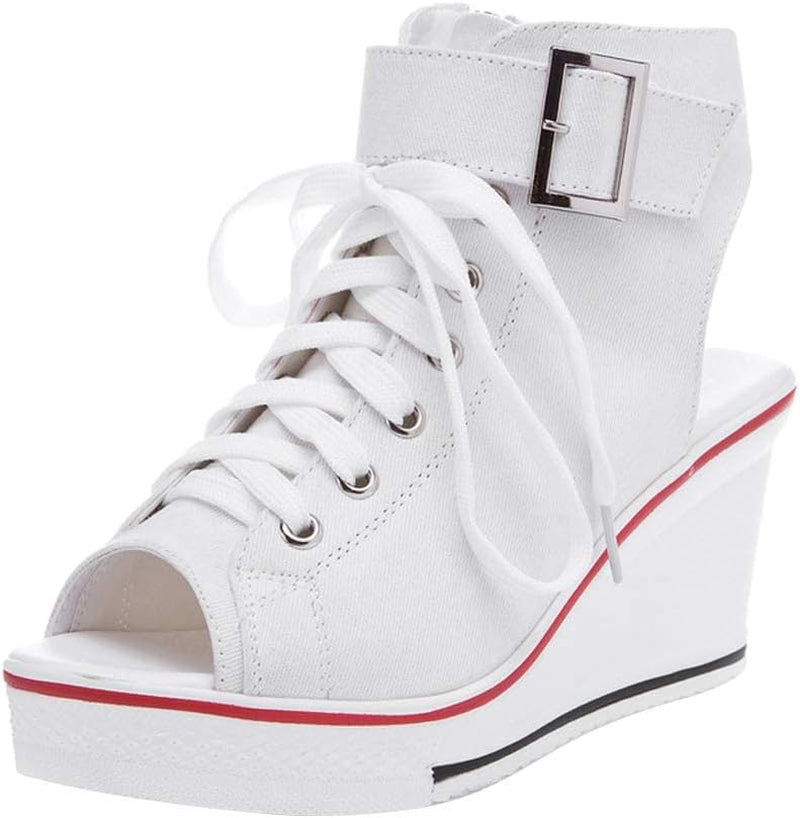 Women'S Peep Toe Canvas Wedge Heeled Platform Fashion Sneaker