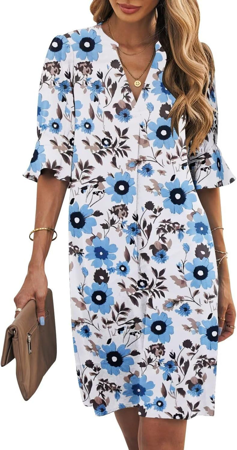 Shift Dress for Women V Neck Short Sleeves Solid Color Casual Flowy Summer Dresses(S-2Xl)