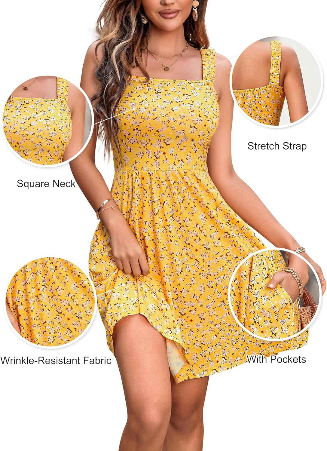 Women'S Summer Casual Square Neck Dress with Pocket Cute Sleeveless High Waist A-Line Sundress Midi Dresses