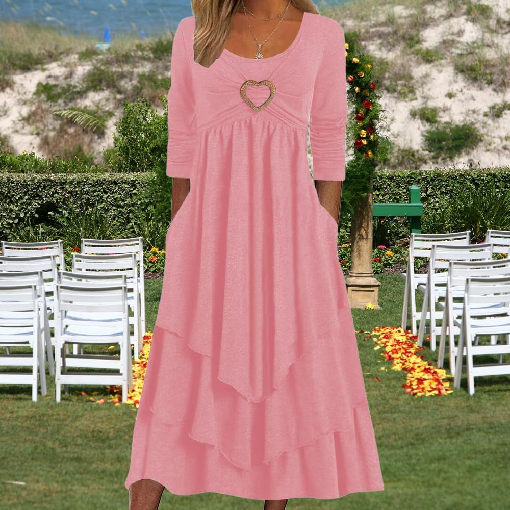 Womens Wedding Guest Maxi Dresses Spring Long Sleeve Flowy Dress Layered Irregular Hem Swing Dress with Pockets