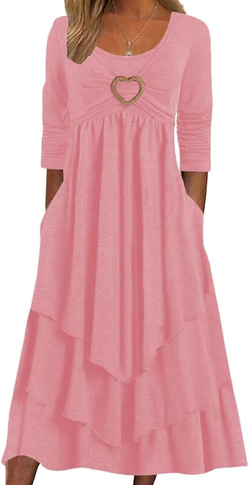 Womens Wedding Guest Maxi Dresses Spring Long Sleeve Flowy Dress Layered Irregular Hem Swing Dress with Pockets