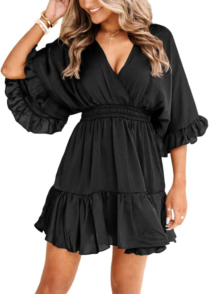 Womens V Neck Casual Dresses Summer Loose High Waist Ruffle Pleated Cute Mini Short Dress