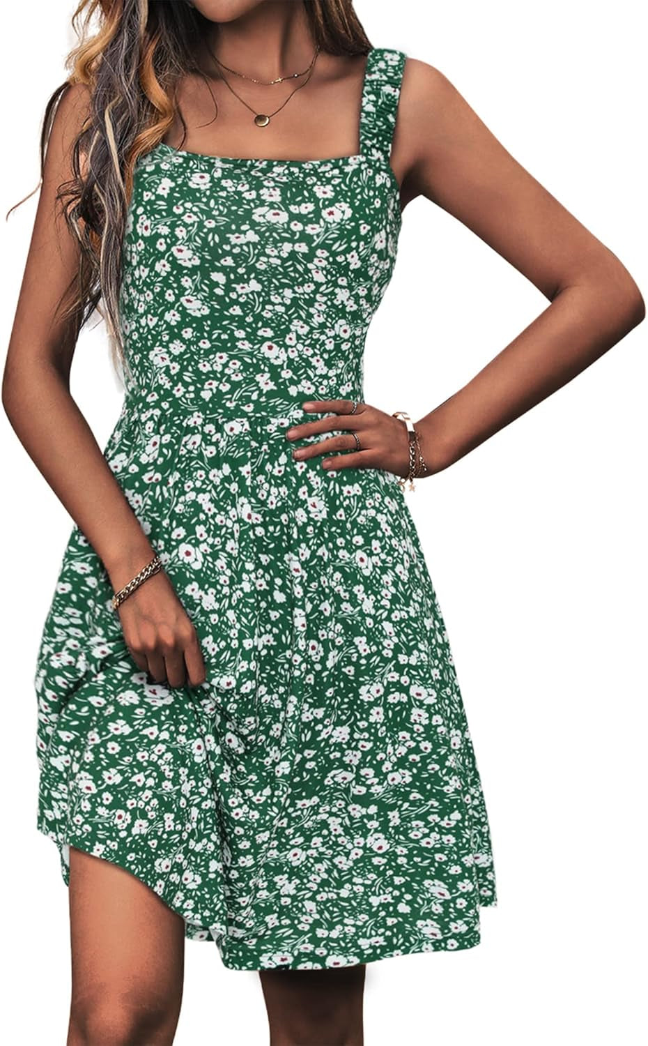 Women'S Summer Casual Square Neck Dress with Pocket Cute Sleeveless High Waist A-Line Sundress Midi Dresses