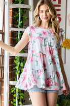 Heimish Full Size Butterfly Short Sleeve round Neck Floral Print Tiered Top plus Size