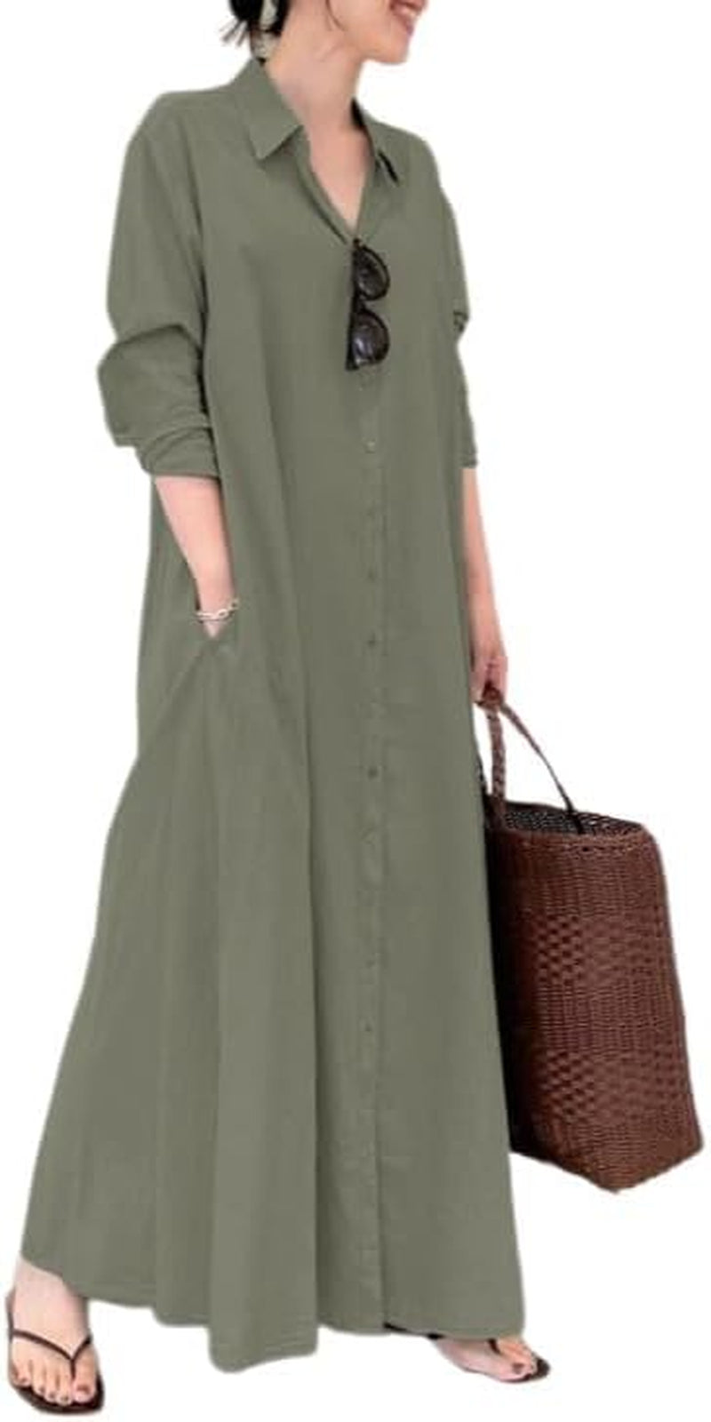 Womens Button down Cotton Linen Dress Long Sleeve Shirt Dress with Pockets