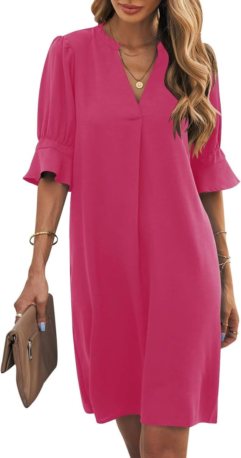 Shift Dress for Women V Neck Short Sleeves Solid Color Casual Flowy Summer Dresses(S-2Xl)