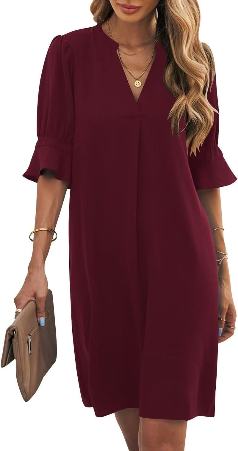 Shift Dress for Women V Neck Short Sleeves Solid Color Casual Flowy Summer Dresses(S-2Xl)