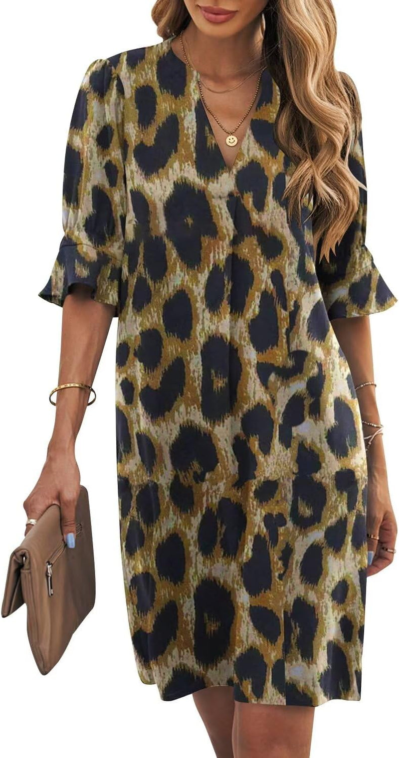 Shift Dress for Women V Neck Short Sleeves Solid Color Casual Flowy Summer Dresses(S-2Xl)