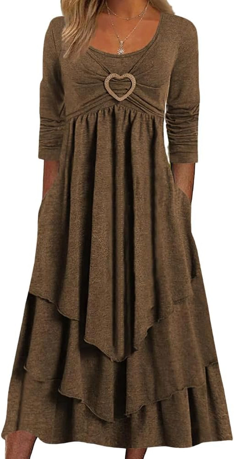 Womens Wedding Guest Maxi Dresses Spring Long Sleeve Flowy Dress Layered Irregular Hem Swing Dress with Pockets