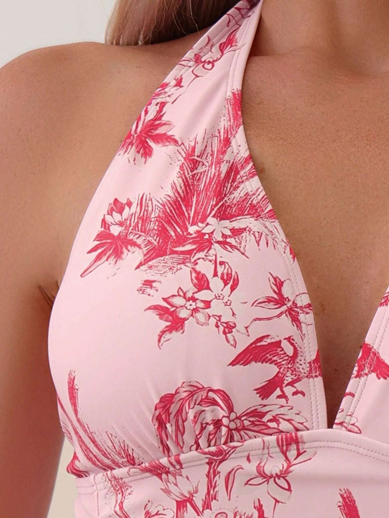 Swim Mod Summer Beach Tropical Print Halter One Piece Swimsuit