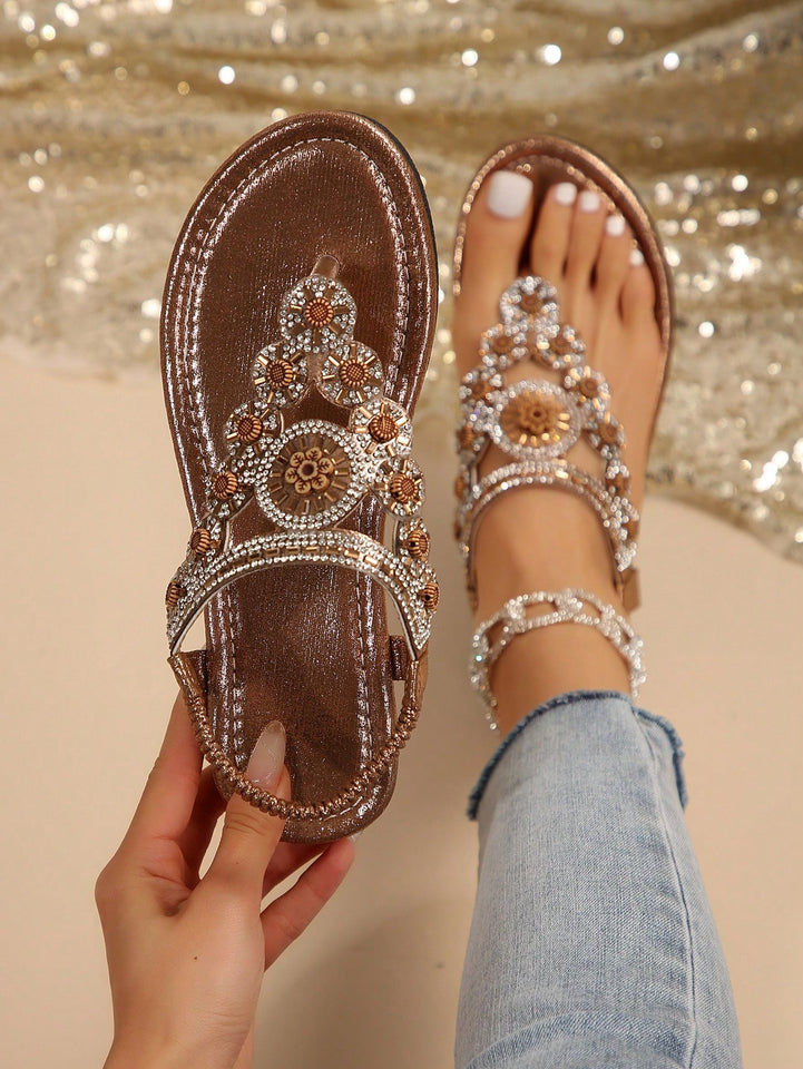 Women Sandals, Bohemian National Style Flat Sandals with Rhinestone Decoration, Open Toe T-Strap Thong Beach Shoes, Summer