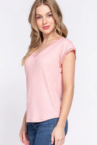 ACTIVE BASIC Lace Trim V-Neck Ribbed Top with Short Sleeves