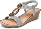 Womens Wedge Sandals Flower Low Heel Dressy Sandals Elastic Ankle Strap Rhinestone Summer Comfortable Shoe